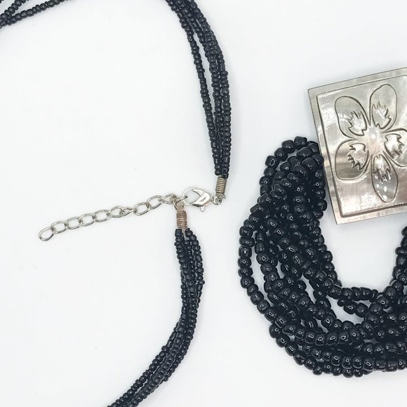 Necklace Bracelet Mother of Pearl Black Set Lot Multistrand Beaded Carved Flower - Picture 8 of 10